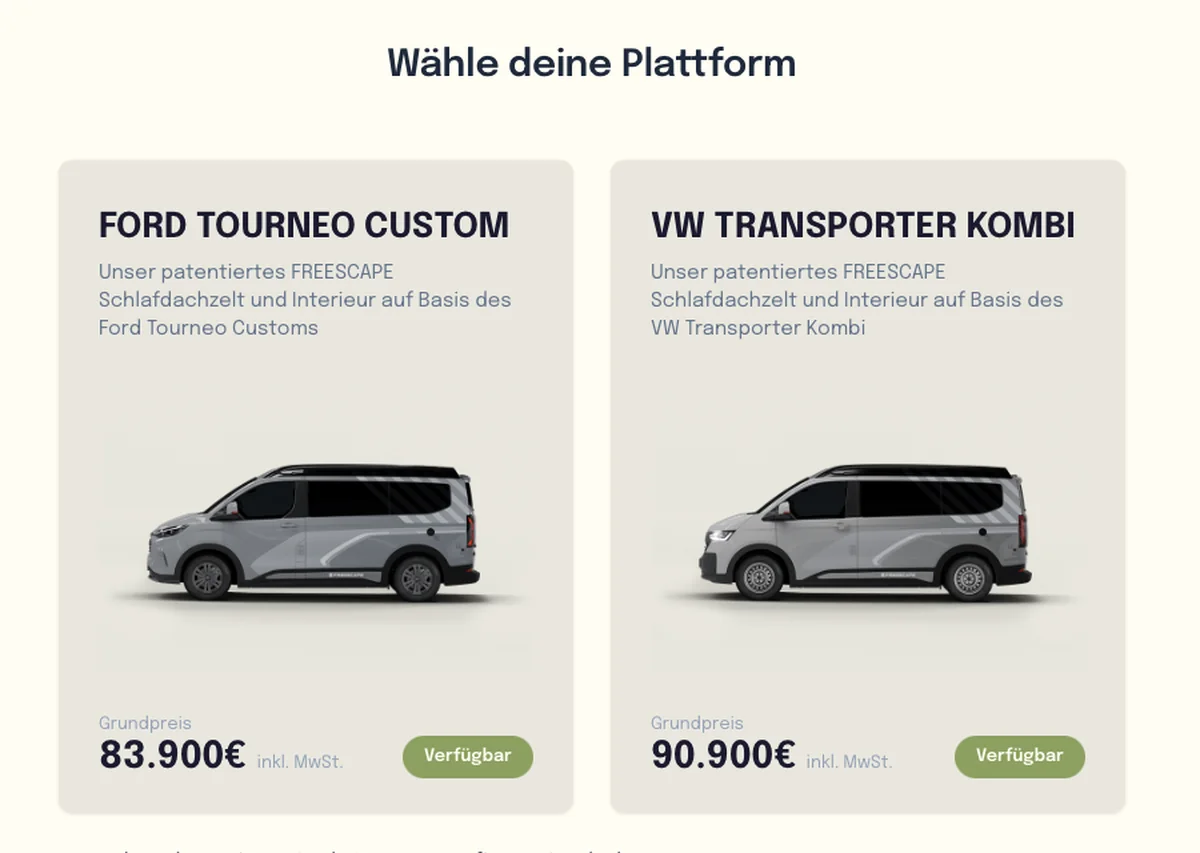 Startseite des Konfigurators mit den beiden Fahrzeugplattformen