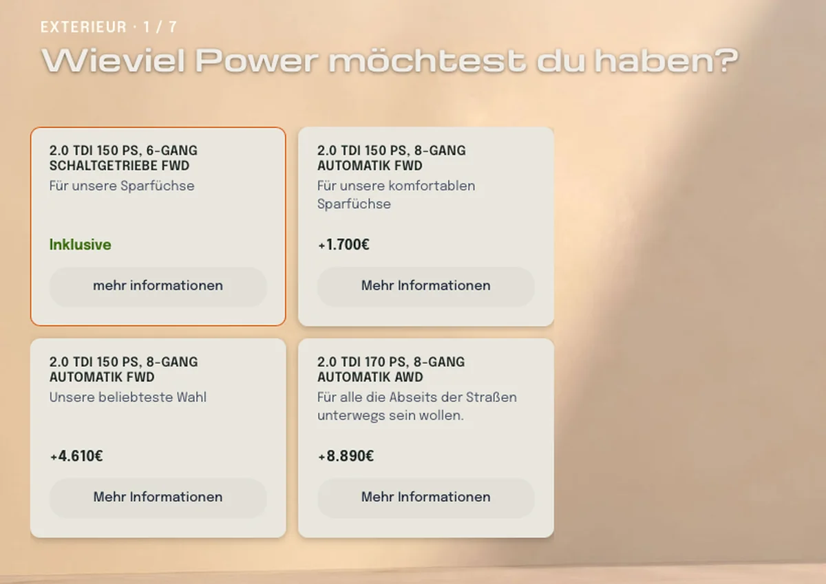 Auswahl der Motorisierung mit vier Optionen und Aufpreisen