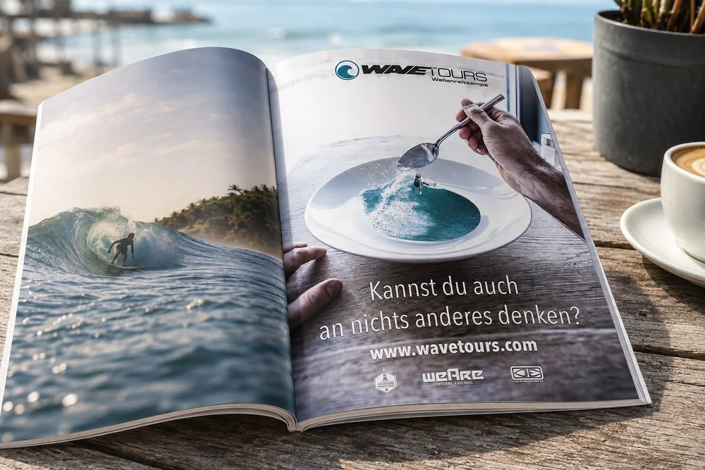 Wavetours-Anzeige in einem Magazin: eine Welle in einem Suppenteller
